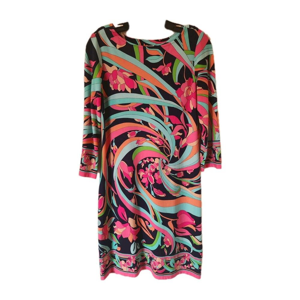 London Times psychedelic floral print 3/4 sleeve knee length shift dress Size 8